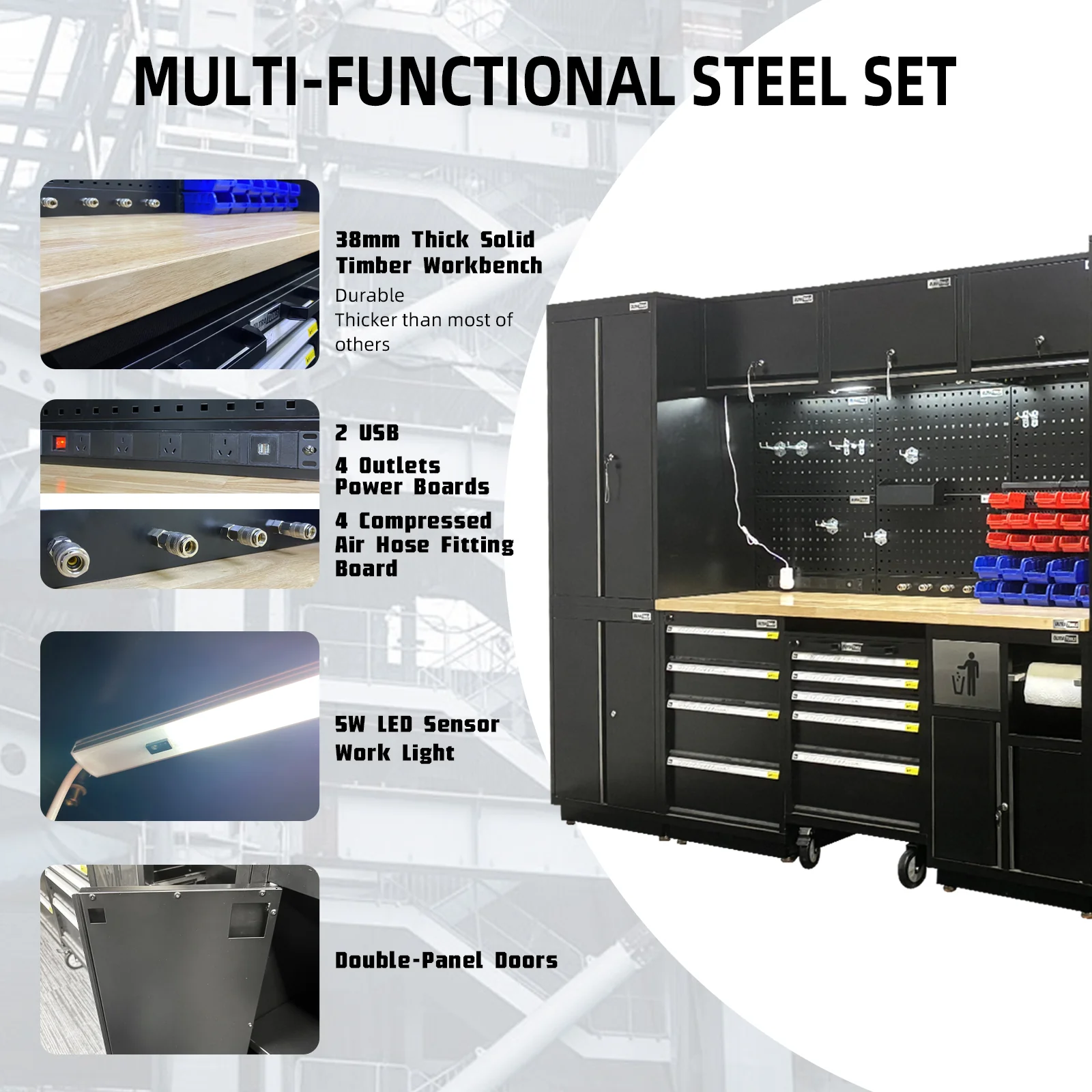 Semi-Industrial Black Workshop Garage Storage Cabinet Set UltraTools 2475mm x 580mm x 2020mm - Image 2